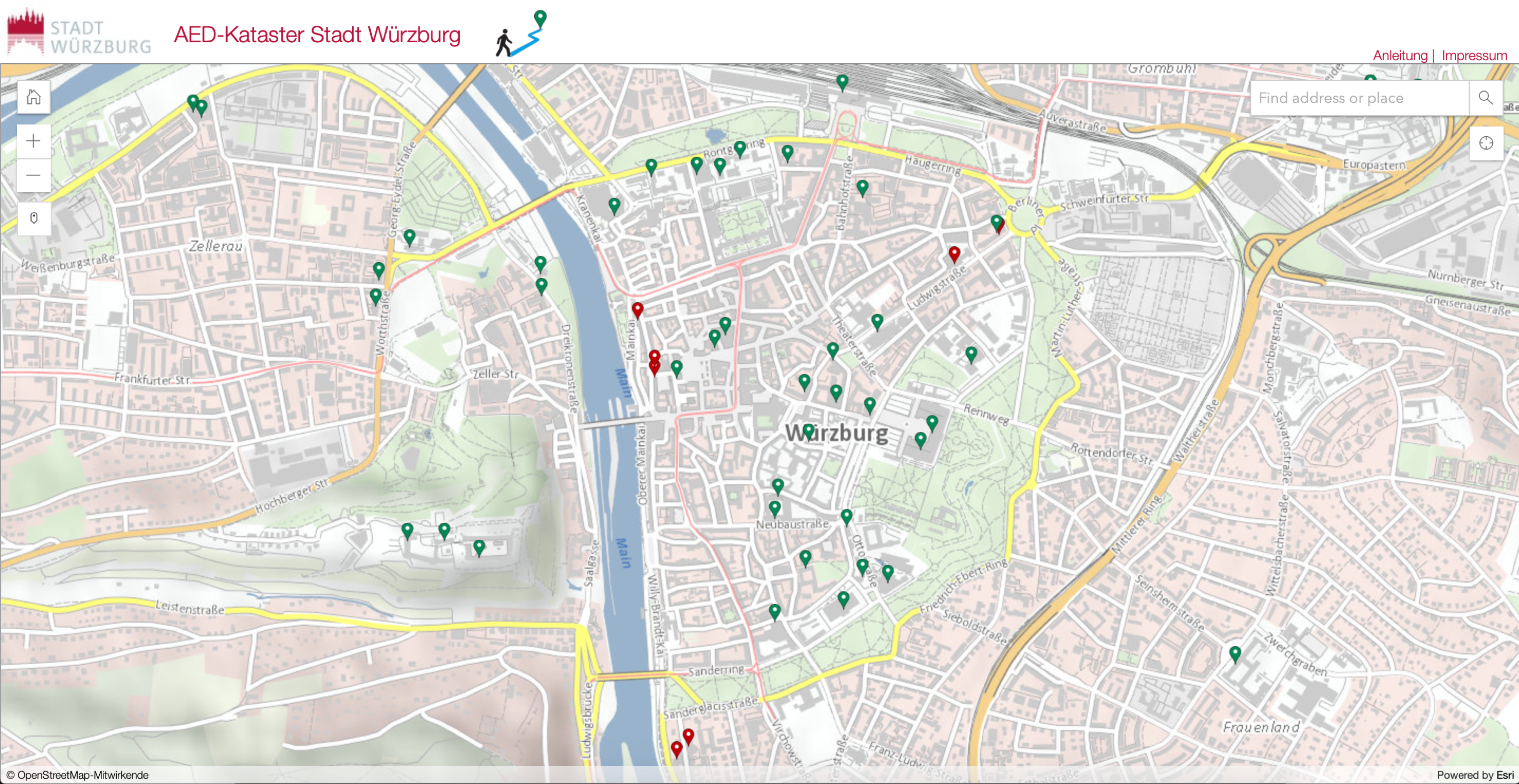 Nicki Weimert’s web app showing locations of defibrillators in the city of Würzburg